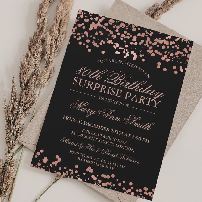 Convite 80 de Festa de aniversário de Surpresa Foil Ouro (Surprise 80th Birthday Party Rose Gold Foil Invitation)