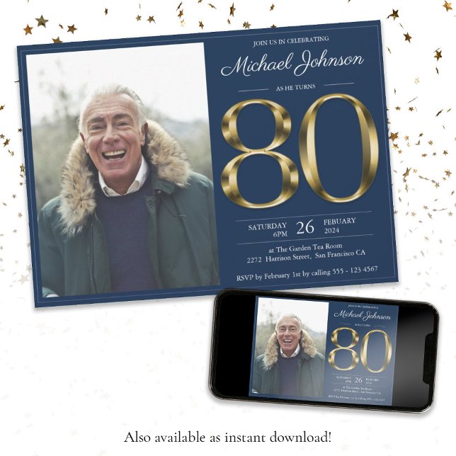 Convite 80 de Foto Azul Clássica do Marinho de Texto Doura (80th Gold Text Navy Blue Classy Photo Birthday Invitation)