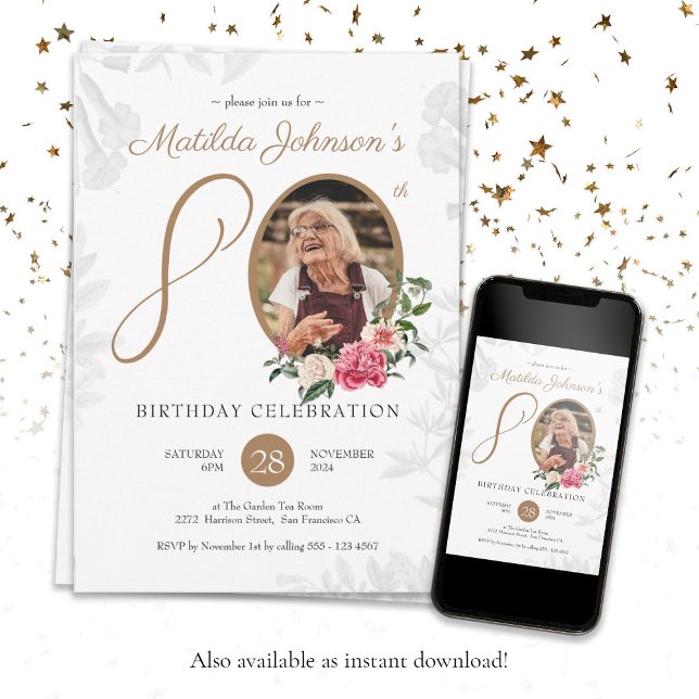 Convite 80 de Foto Personalizada Dourada e Branca - Aniver (Botanical 80th Birthday White Gold Custom Photo Invitation)