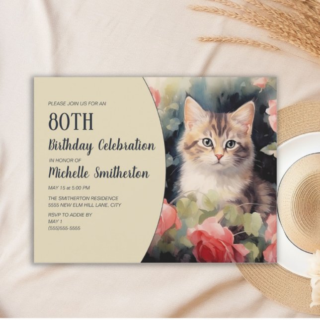 Convite 80 de Kitten Branco da cinza Aniversário (Cute gray and white kitten watercolor 80th birthday party invitation)