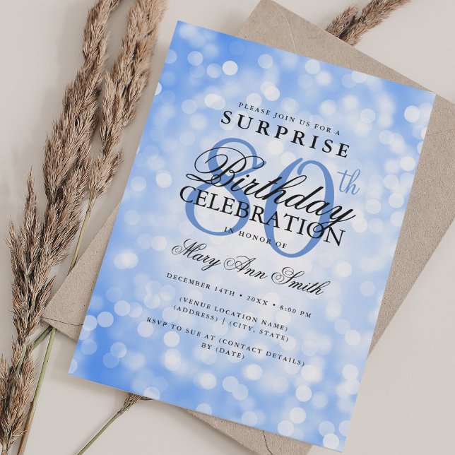 Convite 80 de SURPRESA Elegante Luzes Azuis de Marinho de  (Elegant SURPRISE 80th Birthday Navy Blue Lights Invitation)