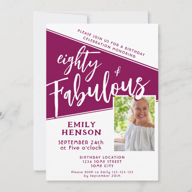 Convite 80 e Fabuloso 80 de Foto Magenta com Script Aniver (Frente)