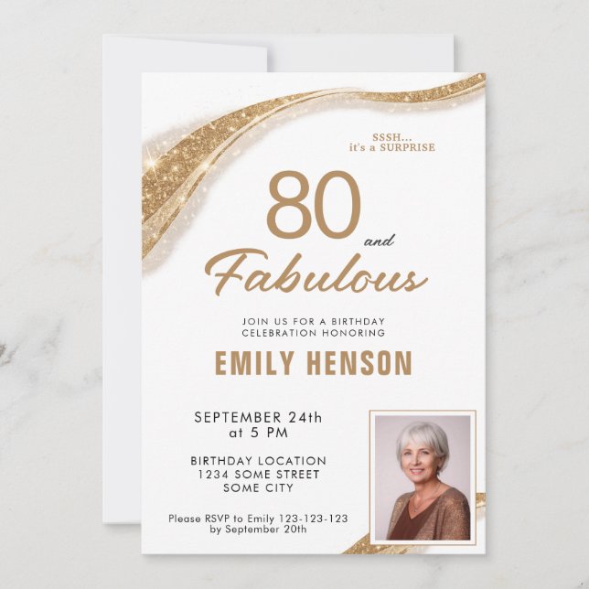 Convite 80 e Fabuloso Brilho Dourado Aniversário de 80 ano (Frente)