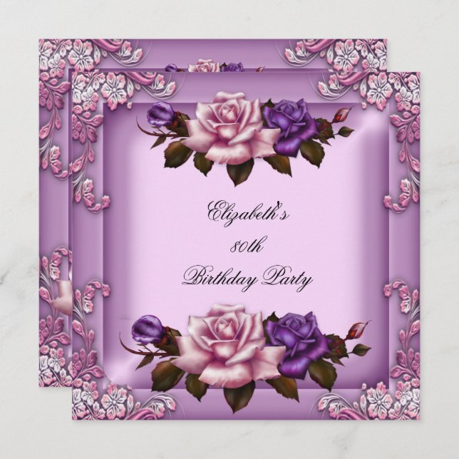 Convite 80 Elegante Lilac Rosa Púrpura Rosa Aniversário (Frente/Verso)