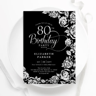 Convite 80 Elegante Rosas de Prata Negra de Aniversário