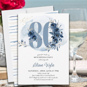 Convite 80 Festa de aniversário Azul Costeiro Número Flora