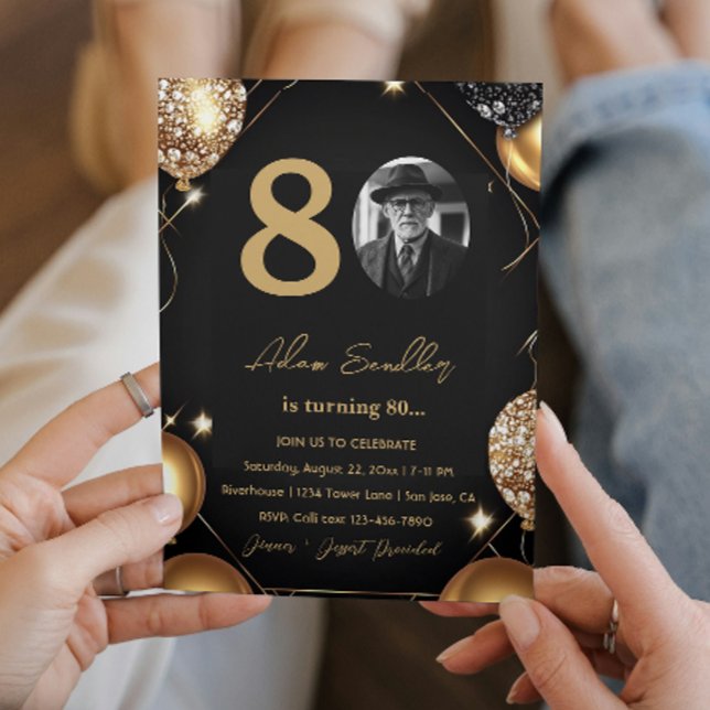 Convite 80 festa de aniversário com balões e brilho (Criador carregado)