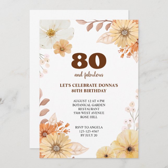 Convite 80 festa de aniversário com flores elegantes convi (Frente/Verso)