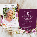 Convite 80 Festa de aniversário Plum Purple Blush Foto Flo<br><div class="desc">Convite de aniversário de Foto Floral Plum Purple Blush. Para mais personalização,  clique no link "personalizar mais" e use nossa ferramenta design para modificar esse modelo. Se precisar de ajuda ou itens correspondentes,  entre em contato comigo.</div>