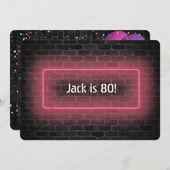 Convite 80 Festa de aniversário - sinal de Neon na parede (Frente/Verso)