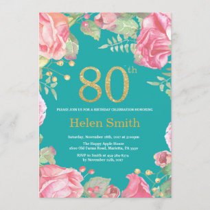 Convite 80 Floral Aniversário Dourado Glitter e Teal