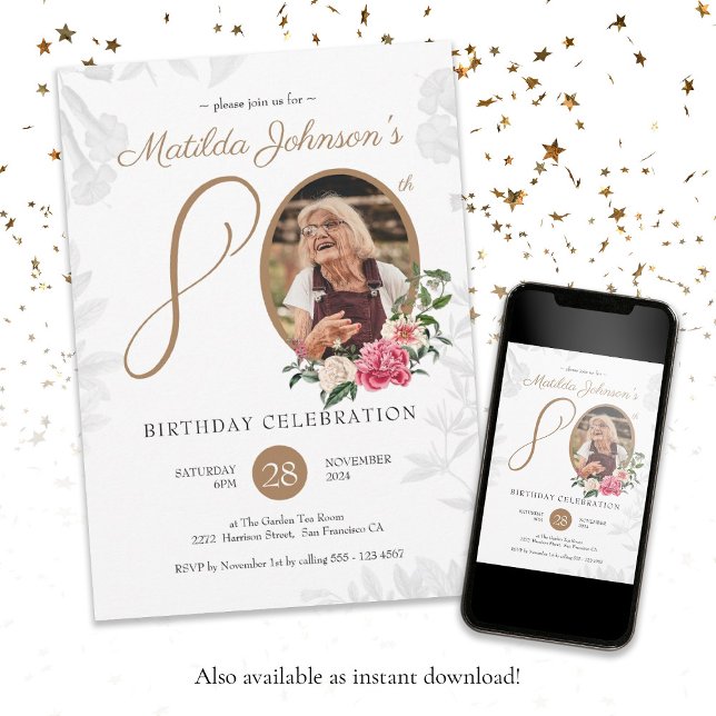 Convite 80 Floral Aniversário Foto Botânica Dourada Negra (Floral 80th Birthday Black Gold Botanical Photo Invitation)