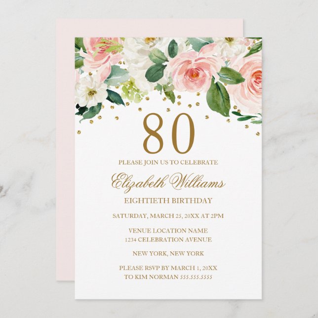 Convite 80 Floral cor-de-água Dourada rosa Aniversário (Frente/Verso)