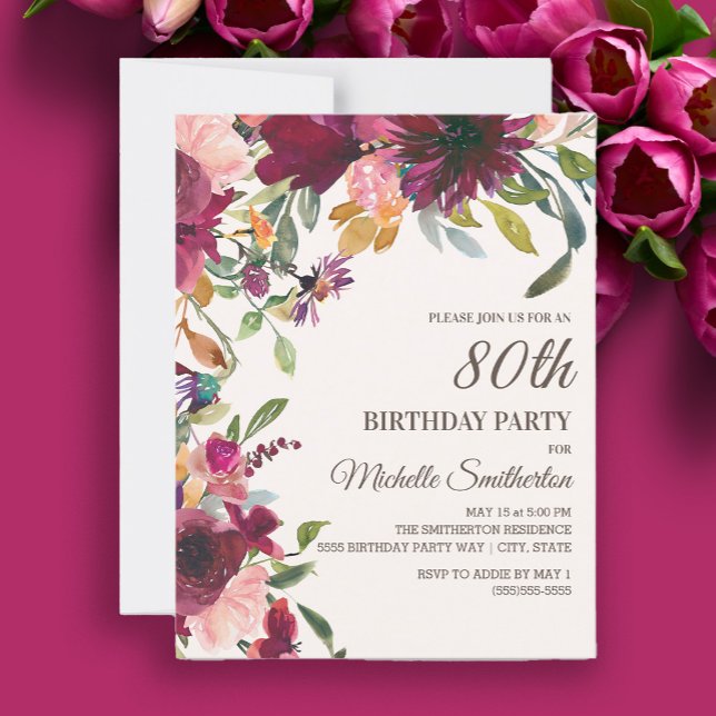 Convite 80 Floral Dourado Rosa Elegante (Burgundy and pink watercolor floral 80th birthday party invitation)