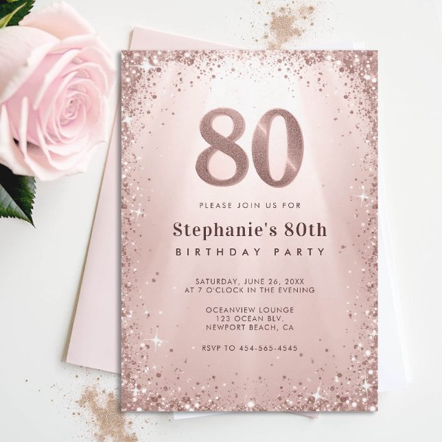Convite 80 Glitter Glam Rosa Dourado Sparkles (80th birthday invitation for women glitter sparkle rose gold glam elegant stylish classy)