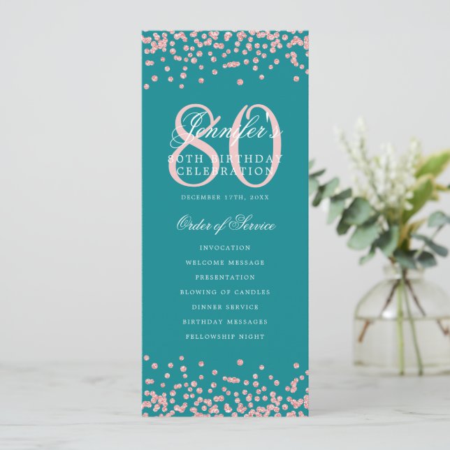 Convite 80 Obrigado do Programa de Aniversário Rosa Turquo (Em pé/Frente)