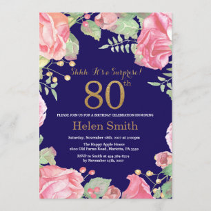 Convite 80 Surpresa Floral Azul-Brilho Dourado