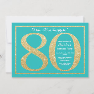 Convite 80 Surpresa - Teal de Aniversário e Brilho Dourad