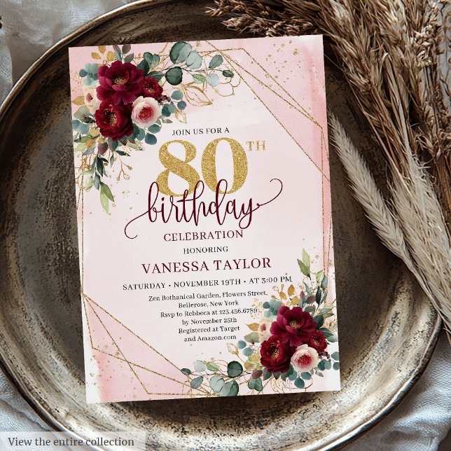 Convite 80 Vermelho Dourado Formal Boho Dardo Aniversário (Formal Boho Dark Red Gold Roses 80th Birthday Invitation)