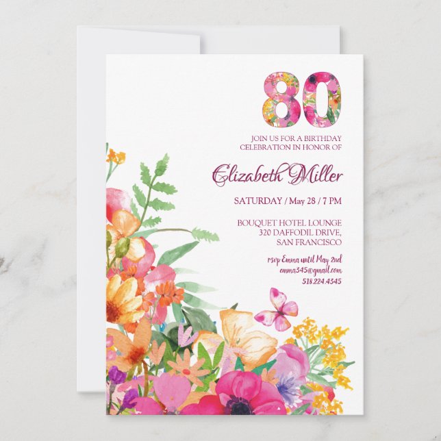 Convite 80 Years Flowers Butterflies 80th Birthday (Frente)