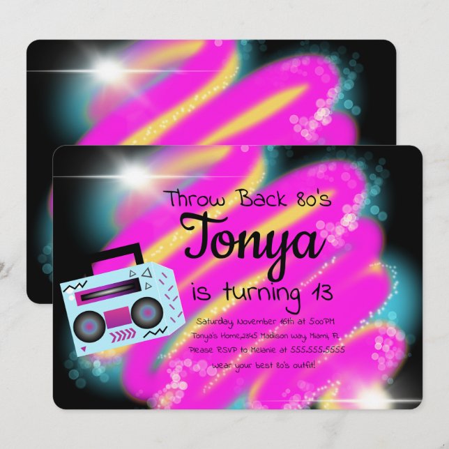 Convite 80s 90s Festas com pincel de avião BoomBox Trava p (Frente/Verso)