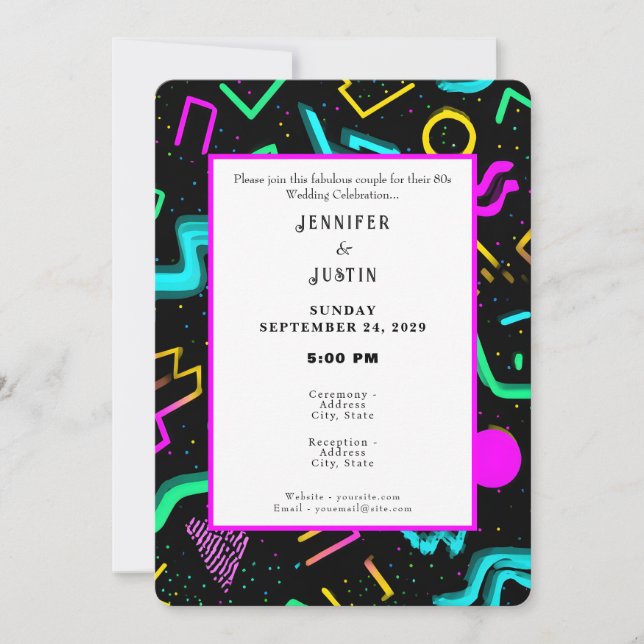 Convite 80s 90s Neon Retro Pattern Wedding Invitation (Frente)