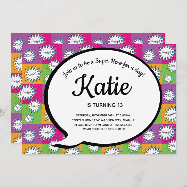 Convite 80s 90s Pink Comic Super Hero Joga De Volta (Frente/Verso)