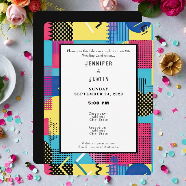 Convite 80s Graphics Retro Pattern Wedding Invitation (Criador carregado)