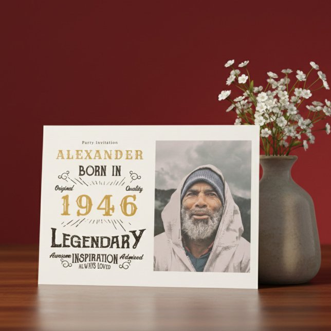 Convite 80th Birthday 1946 Legend White & Gold Photo (Born 1946 birthday invitation.)