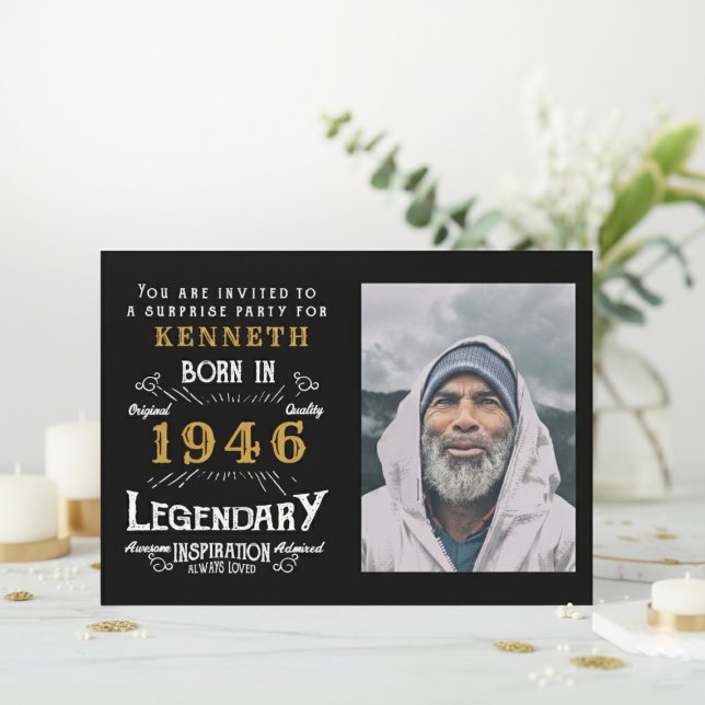 Convite 80th Birthday 1946 Vintage Black Gold Personalized (1946 birthday invitation. White background with flowers.)