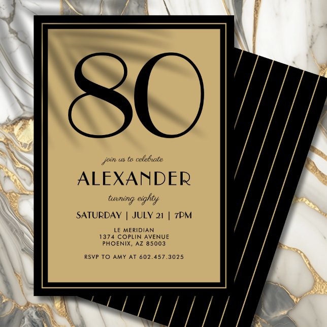 Convite 80th Birthday Adult Black and Gold Modern Minimal  (Celebrate your 80th in bold, sophisticated style with this chic design.)