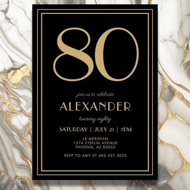 Convite 80th Birthday Black and Gold Modern Minimal Adult (Elegant black and gold 80th birthday invitation design for him or her.)