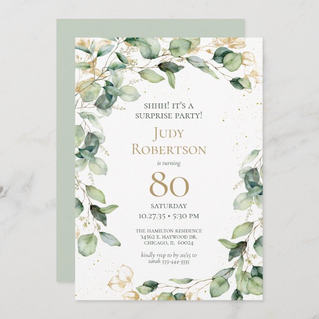 Convite 80th Birthday Eucalyptus Surprise Birthday Party (Frente/Verso)