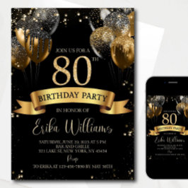Convite 80th Birthday Invitation Template: Black Gold Ball
