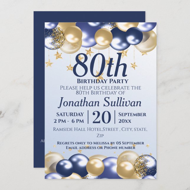Convite 80th Birthday Navy Gold Balloons Party (Frente/Verso)