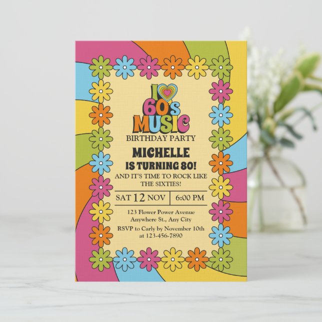 Convite 80th Birthday Party for 60s Music Lovers (Em pé/Frente)