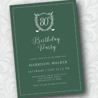 Convite 80th Birthday Party Golf Crest Elegant Script Sage