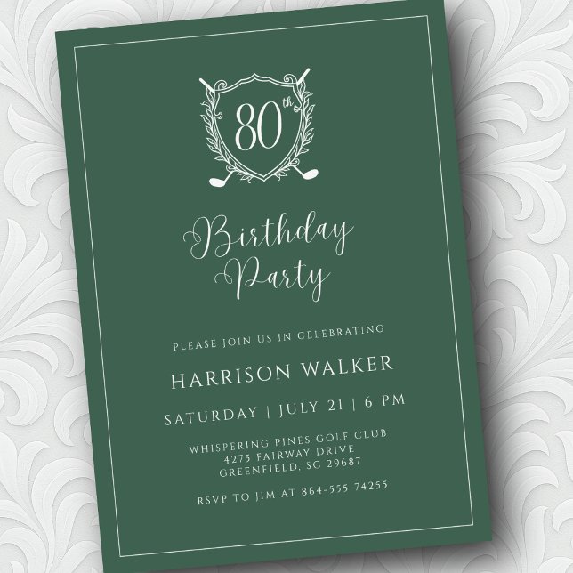 Convite 80th Birthday Party Golf Crest Elegant Script Sage (Script font adds just the right touch of elegance.)