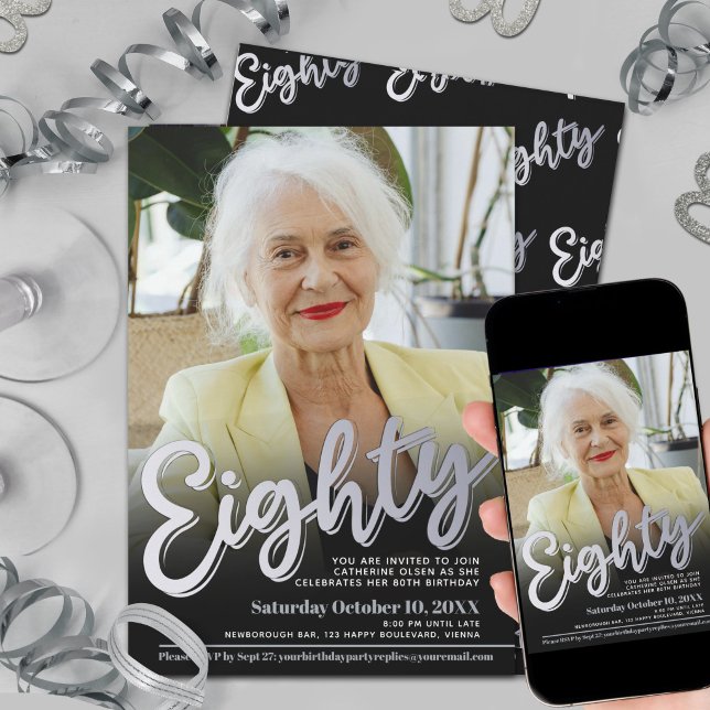 Convite 80th Birthday photo silver eighty script party (Criador carregado)