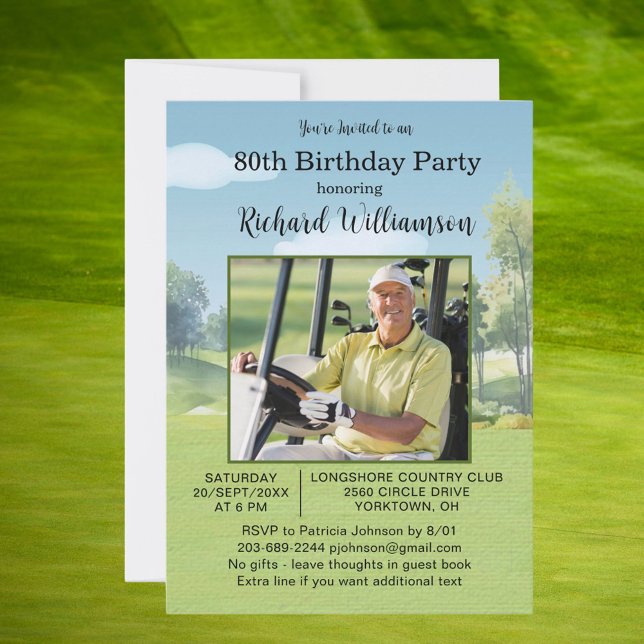 Convite 80th Birthday Photo Watercolor Golf Theme (Criador carregado)