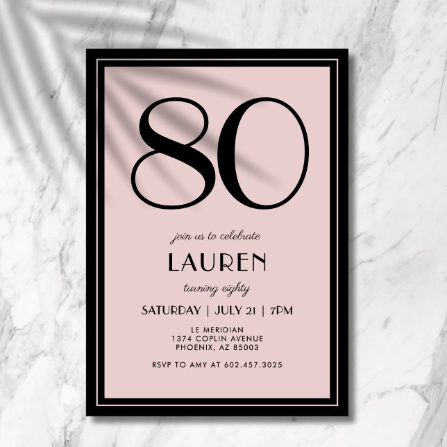 Convite 80th Birthday Women's Modern Minimal Black Pink (A chic black and pink invitation that blends modern minimal design with elegance.)