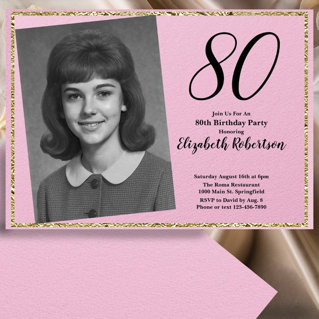 Convite 80th Custom Photo Pink and Gold  (Criador carregado)