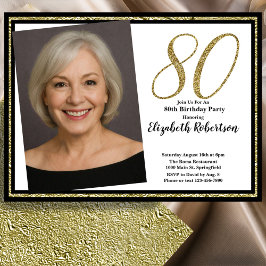 Convite 80th Custom Photo White Black and Gold 