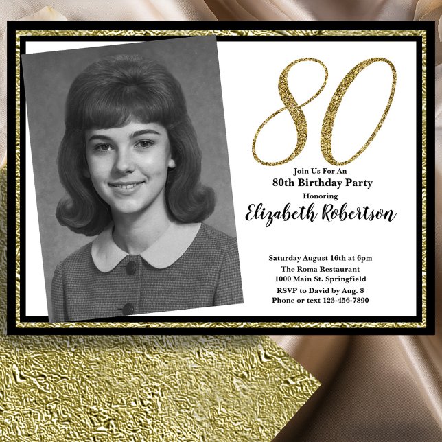Convite 80th Custom Photo White Black and Gold  (Criador carregado)