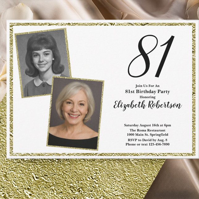 Convite 81º Personalizado Foto Branco e Dourado  (Criador carregado)