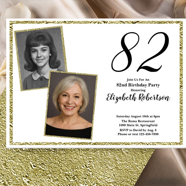 Convite 82º Personalizado Foto Branco e Dourado  (Criador carregado)