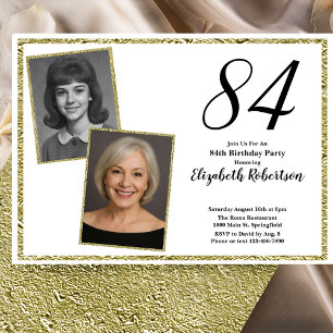 Convite 84º Foto Personalizada Branco e Dourado