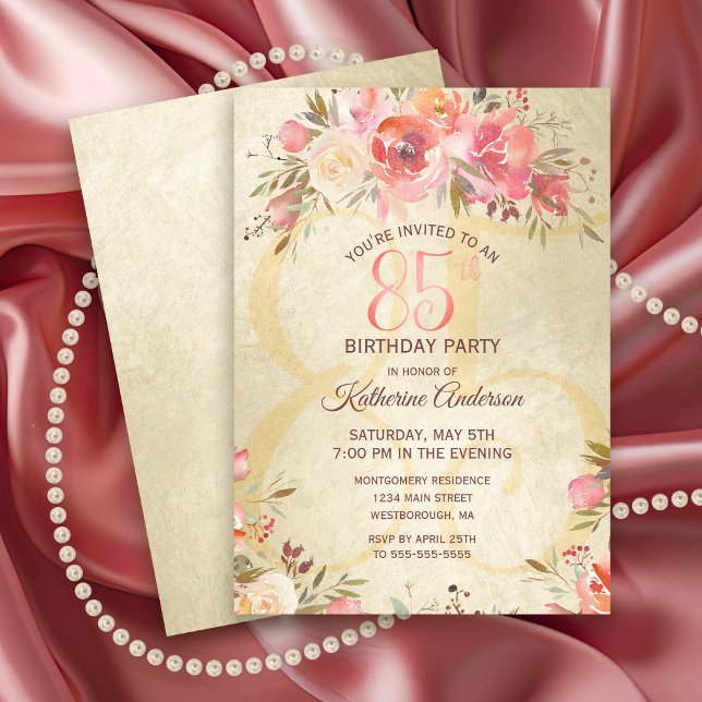 Convite 85.º Aniversário do Partido Shimmer Dourado Rosas  (Vintage 85th Birthday Party Invitation with pink roses and a gold shimmer background.)