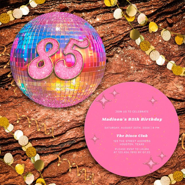 Convite 85.a Festa de aniversário de Bola de Disco Rosa Do (Front/Back)