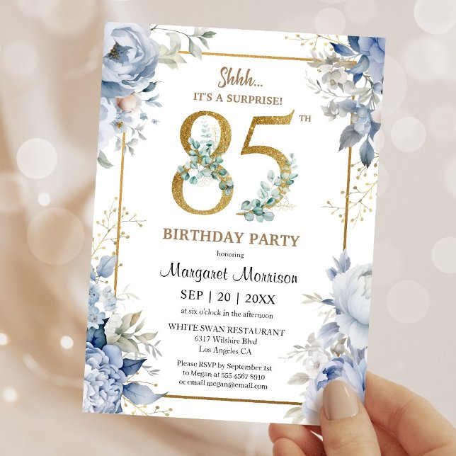 Convite 85th Birthday Party Elegant Dusty Blue Floral (Criador carregado)